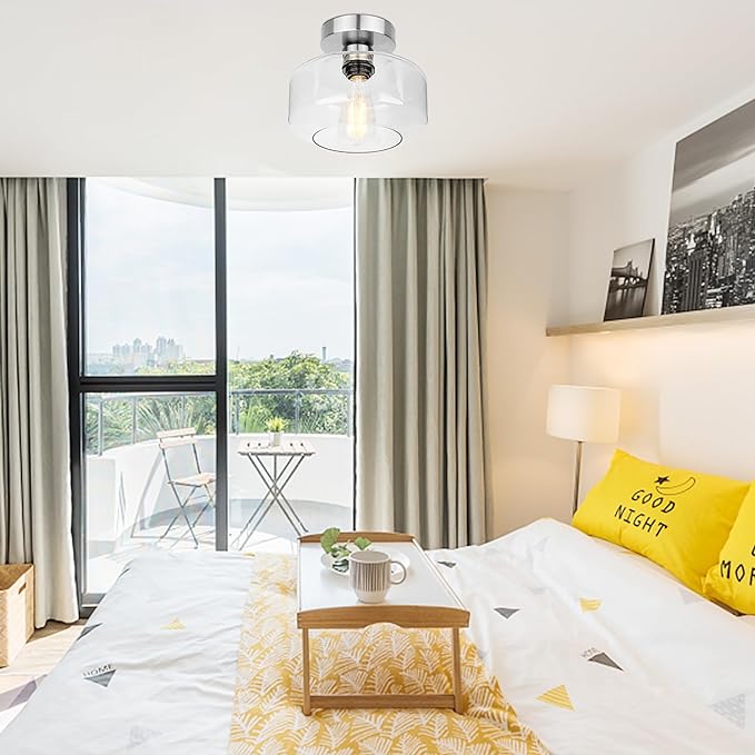 Industrial Semi Flush Mount Ceiling Light Brushed Nickel, 800 Lumen LED Bulb Included, Clear Glass Shade Ceiling Light Fixture, Farmhouse Light Fixture for Hallway Corridor Kitchen Bathroom Bedroom