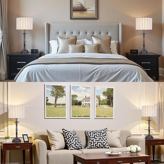 Vintage Brown Scalloped Table Lamp, Rustic/Farmhouse Pleated Lamp, Scalloped Lampshade and Bamboo Lamp Post, for Living Room Bedside Side Table