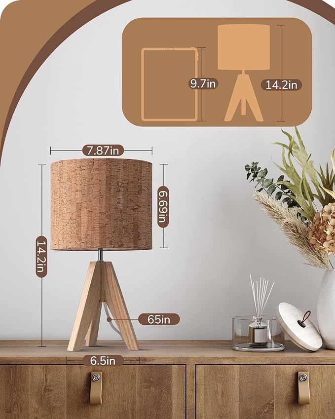 EDISHINE Small Table Lamp, Wooden Tripod Nightstand Lamp with Bark Linen Shade, Farmhouse Bedside Lamp for Nursery, Bedroom, Kids Room, Office, Reading Desk, 14.2 Inch, E26 Socket, ON/Off Switch