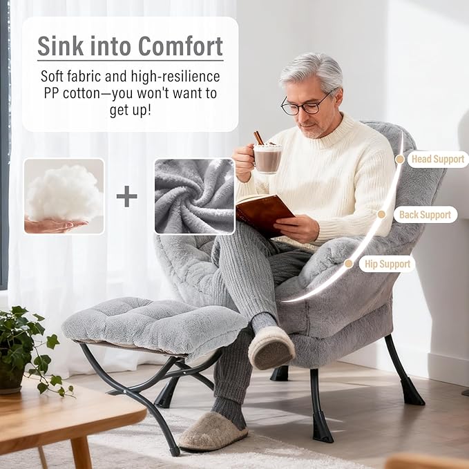 Lazy Chair with Ottoman, Modern Reading Chair with Folding Footrest, Comfortable Lounge Accent Chair for Bedroom, Study, Living Room, Courtyard (Plush Grey)