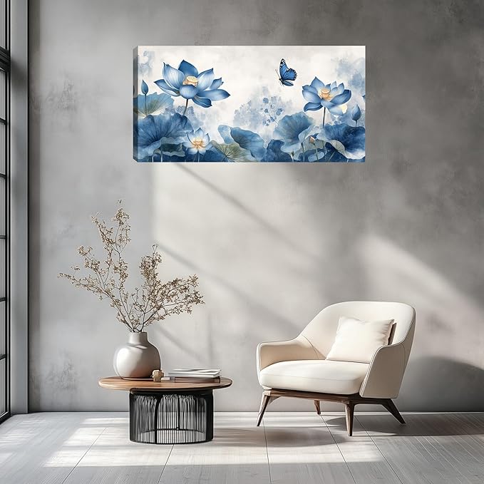 Zen Canvas Wall Art Large Blue Lotus Aesthetic Pictures Wall Decor for Yoga Meditation Room Bedroom Living Room Office Decor Poster Prints Painting Framed Artwork 60L x 30W