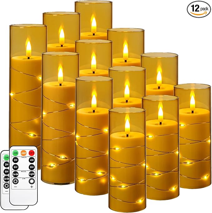 Da by Flameless Candles with Recessed String Light, Battery Operated Candles, Acrylic LED Pillar Candles with Remote Control and Timer, Golden, Set of 12