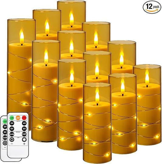 Da by Flameless Candles with Recessed String Light, Battery Operated Candles, Acrylic LED Pillar Candles with Remote Control and Timer, Golden, Set of 12