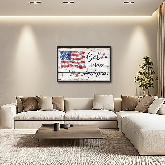 Lovira God Bless America Sign Large Wall Art American Flag USA Canvas Wall Decor Patriotic Pictures Prints Painting Framed Modern Home Artwork for Living Room Bedroom Bathroom 24"x36"