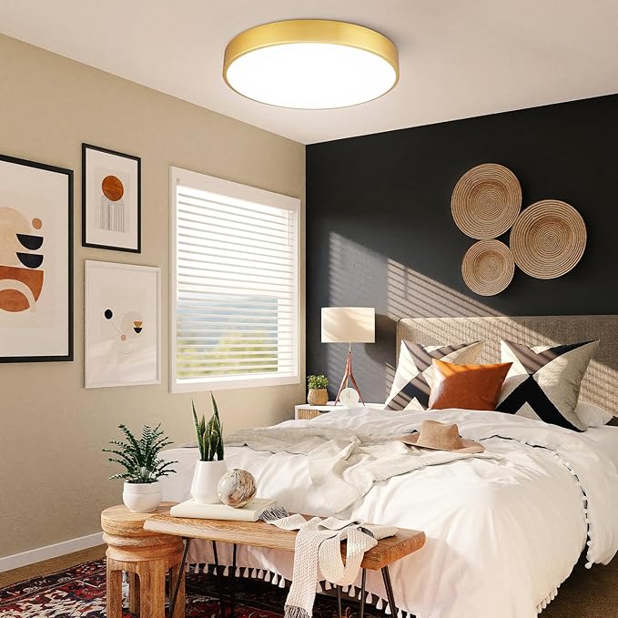 Gold LED Flush Mount Ceiling Light Fixture, 15 inch, 36W, Dimmable, Modern Kitchen, Bedroom, Bathroom, Living Room Lighting