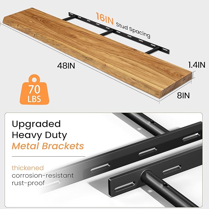 Fun Memories 48 Inch Floating Shelves – Set of 2, Rustic Elm Floating Shelves for Wall, Heavy-Duty Deep Floating Shelf for Home Decor, Wooden Floating Shelf with Invisible Bracket for Kitchen, Natural