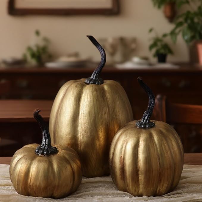 Janinka 3 Pcs Fall Antique Gold Pumpkin Decor Vintage Retro Fake Pumpkin Figurines Fall Thanksgiving Pumpkins for Home Decor Farmhouse Harvest Halloween Table Centerpiece
