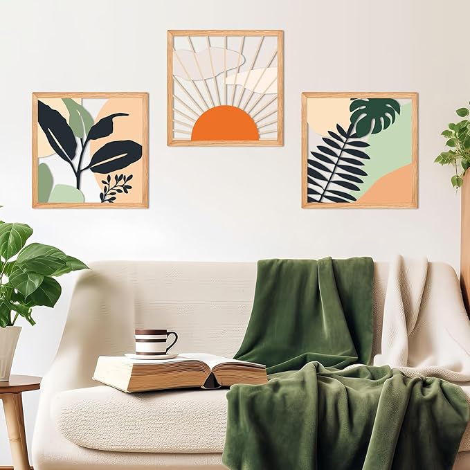 ESTART 3 Pcs Boho Wooden Wall Art Decor Bohemian Wall Hanging Sculpture Farmhouse Geometric Aesthetic Artwork, Mid Century Modern Design for Bedroom Living Room Office, 51.2 x 15.7 inch