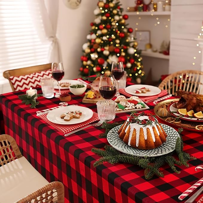misaya Rectangle Christmas Waterproof Vinyl Table Cloth, Buffalo Flannel Backed Tablecloth, Wipeable Plastic Table Cover for Dinner, Kitchen, Picnic (60" x 84", Red and Black)