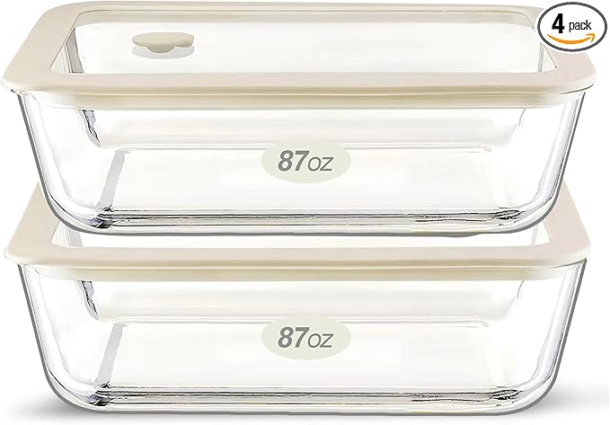 Urban Green Glass Food Container Set with Glass Lid, Large Meal Prep Container Set, Airtight Food Storage Containers with Air Vent Lid, 2 Pack, Large, 87oz, LeakProof, 100% Plastic Free, White color,