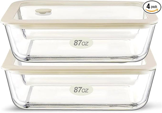 Urban Green Glass Food Container Set with Glass Lid, Large Meal Prep Container Set, Airtight Food Storage Containers with Air Vent Lid, 2 Pack, Large, 87oz, LeakProof, 100% Plastic Free, White color,