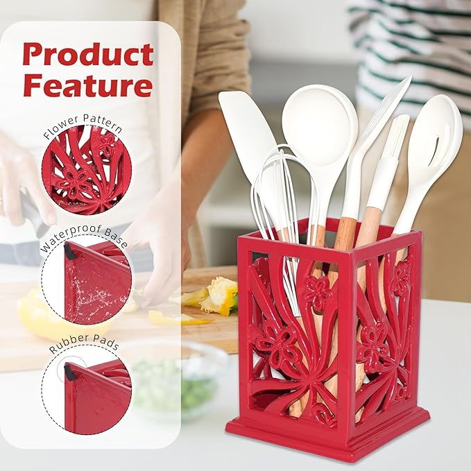 Kitchen Utensil Holder for Countertop Vintage Cast Iron Metal Utensil Storage Spatula Holder for Kitchen Counter with Hollowed-out Daffodil Pattern, Red