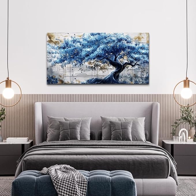 ERQINHUA Blue Tree Wall Paintings Canvas Wall Art For Living Room Large Wall Decor For Bedroom Office Decorations Farmhouse Abstract Watercolour Pictures Artwork Home Decor Ready To Hang 20"X40"