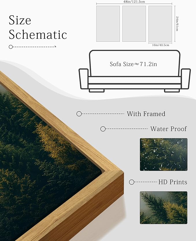 KUVIOKE Green Fog Pine Tree Landscape Framed Wall Art Nature Nordic Misty Forests Prints Morden Farmhouse Bedroom Living Room Ready to Hang 16x24in (Natural Framed)