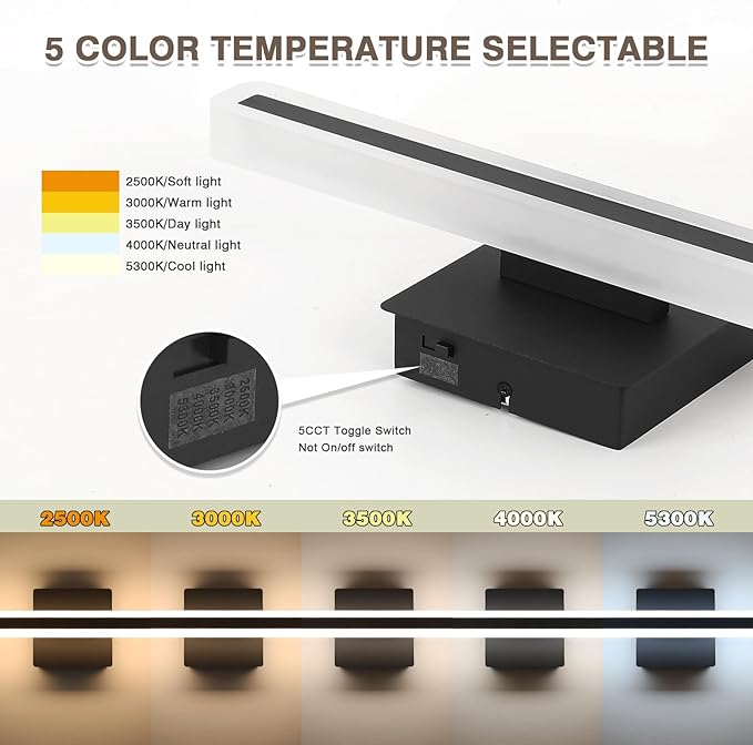 LED Modern Bathroom Vanity Light 15.7 inch 16W Dimmable 5CCT Led Bathroom Light Fixture Over Mirror, Black Bar for Mirror Restroom-ETL Certificated