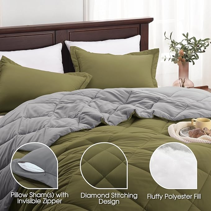 Beyond Twin Comforter Set - Olive Green/Charcoal Gray, Reversible, All Seasons - 1 Comforter (66"x92") and 1 Pillow Sham (20"x26"+2")