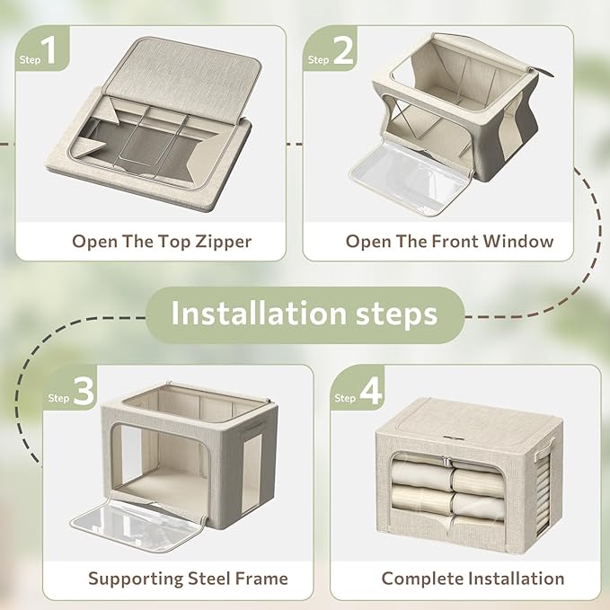 3 Pack Clothes Storage Bins Foldable Metal Frame Storage Box Stackable Linen Fabric Organizer Set with Carrying Handles and Clear Window (Beige, 15.7x11.8x11.8inch(36L))