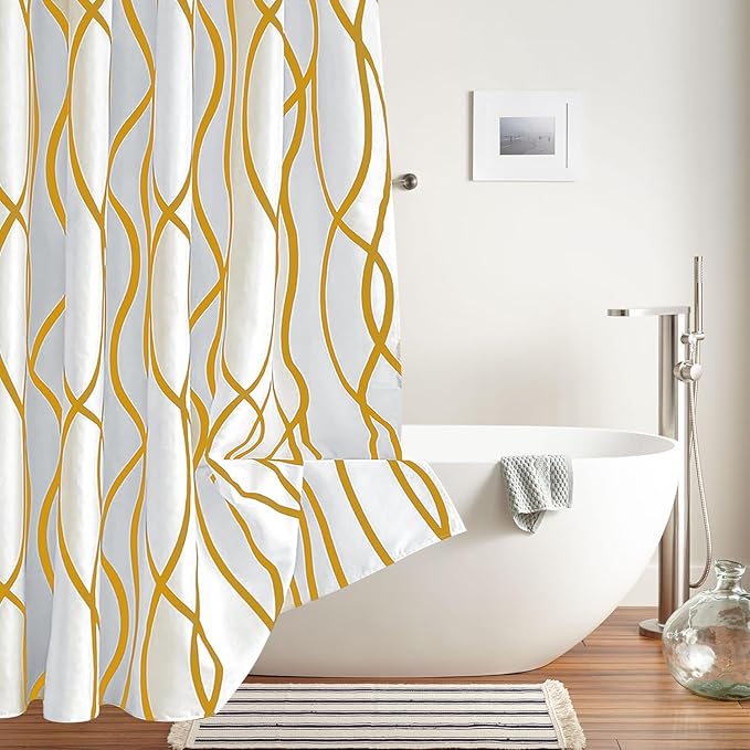 Biscaynebay Extra Long Textured Fabric Shower Curtain 72 W x 84 L, Gold Striped Printed Linen Modern Hotel Luxury Quality Cloth Bathroom Curtains Machine Washable