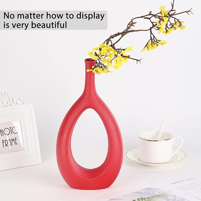 Red Ceramic Hollow Elliptical Vase Set of 2 - Boho Circle Vase with Hole, for Modern Red Table Decor, Living Room Decor Shelf mid Century Modern Home Entrance Decorative vase