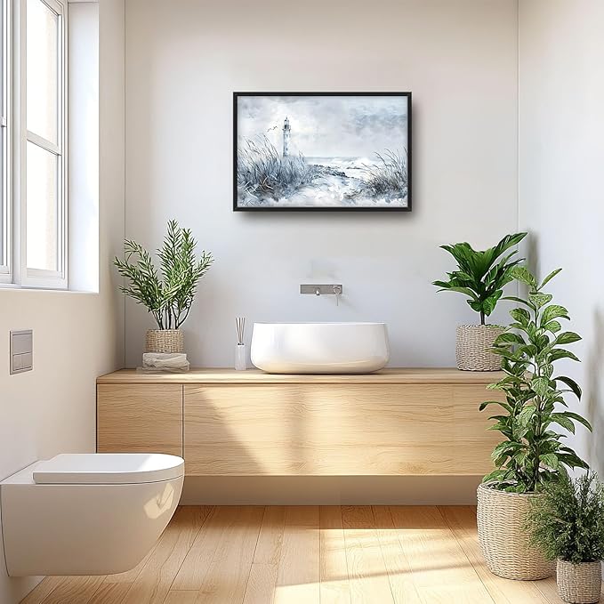 Flintis Large Lighthouse Wall Art Beach Lighthouse Pictures Wall Decor Abstract Nautical Canvas Painting Print Artwork Decoration Framed for Living Room Bathroom Master Bedroom Office 36L x 24W