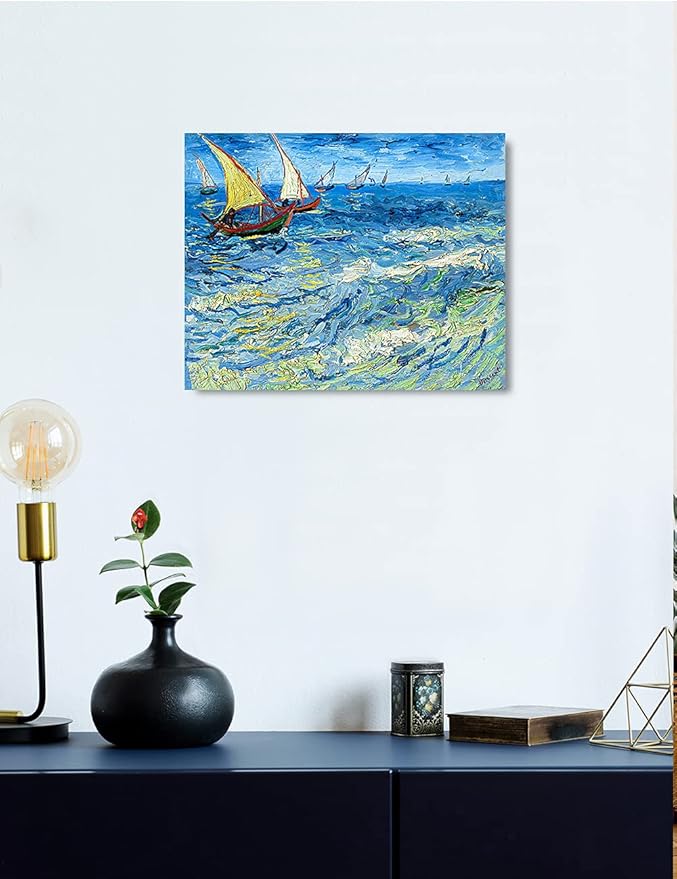 DECORARTS - Fishing Boats At Sea, Vincent Van Gogh Art Reproduction. Giclee Canvas Prints Wall Art for Home Decor 20x16