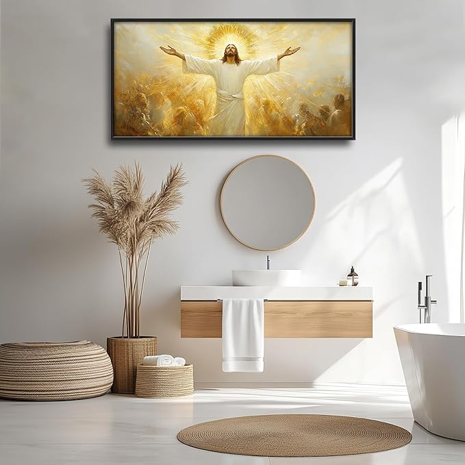 Jesus Framed Wall Art for Living Room, Large Christ Canvas Wall Decor, Jesus Golden Light Pictures Painting, Modern Artwork for Bathroom Bedroom Office 60L'' × 30W''