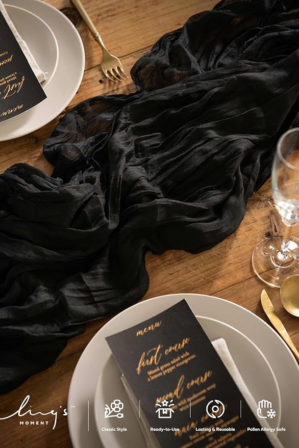 Ling's moment 14Ft Black Cheesecloth Table Runner Boho Chic Gauze Semi-Sheer Halloween Tablecloth for Wedding Celebrations for Baby Shower Decorations