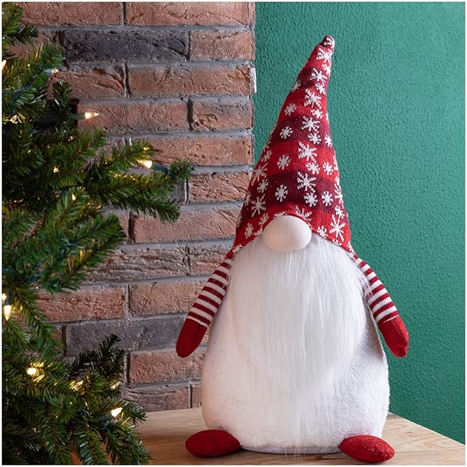 Glitzhome 25.59" H Gnome Plush Christmas Decoration, Fabric Xmas Standing Gnome Ornaments with Knitted Hat for Tabletop Party Mantel Holiday Christmas Decor Gifts