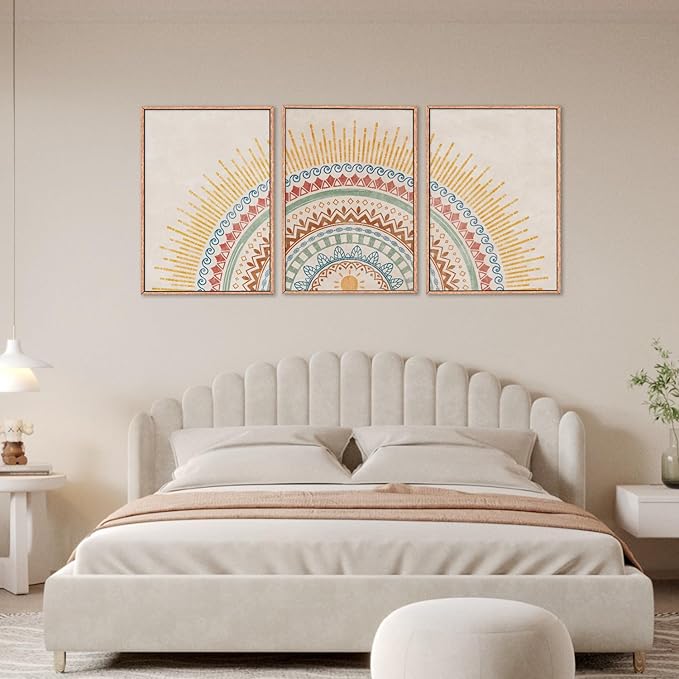 HPINUB Boho Sun Framed Canvas Wall Art Set, Mid-Century Modern Wall Decor, Minimalism Bohemian Wall Painting, Abstract Geometric Pattern Art Print for Living Room, Bedroom, Office - 16"x24"x3