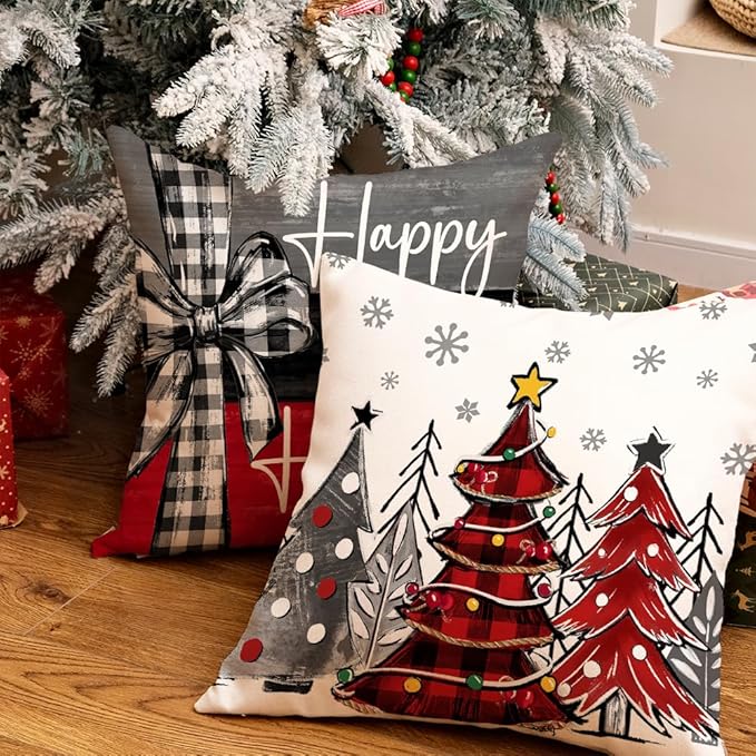 GEEORY Christmas Throw Pillow Covers 20x20 Inch Set of 4, Xmas Trees Merry and Bright Happy Holidays Farmhouse Decorative Cushion Cases for Home Decoration G632-20
