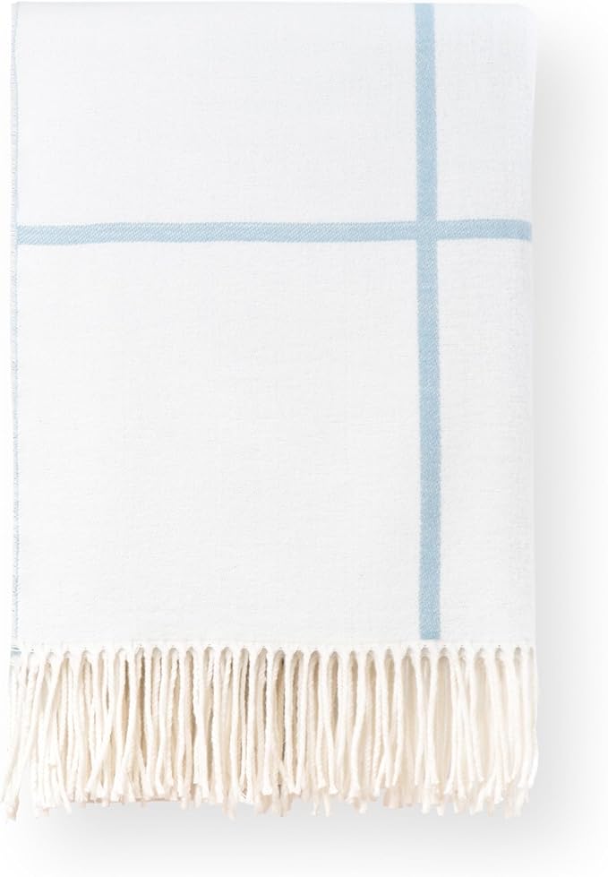 Hofdeco Premium Coastal Decorative Throw Blanket for Patio Couch Sofa, Baby Blue Plaid with Fringe, 52"x71"