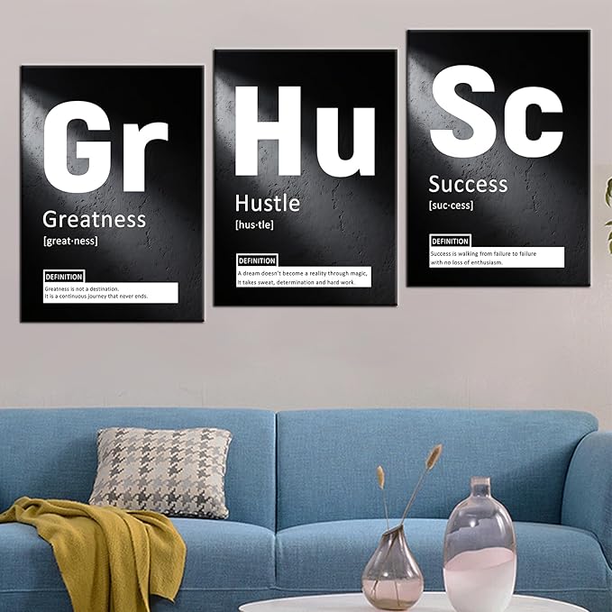 Greatness Hustle Success Inspirational 3 Pieces Posters Print Wall Art Home Decor Positive Sign Picture Painting Artwork for Living Room Gym Workplace Office Stretched and Framed [60''Wx28''H]