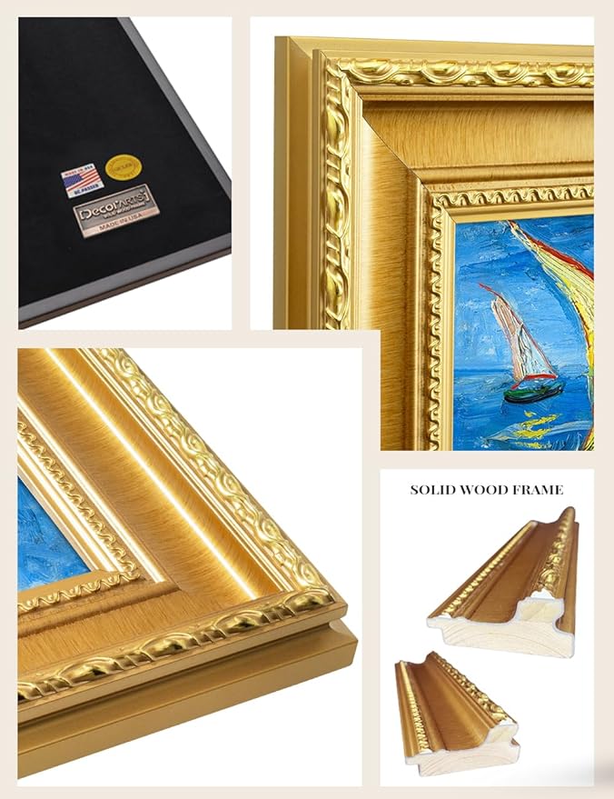 DECORARTS - Vincent van Gogh's Fishing Boats at Sea, Museum-Quality Giclee Canvas Print in Gold Solid Wood Frame, 34.75 x 28.75 in, Ready to Hang, Made in USA