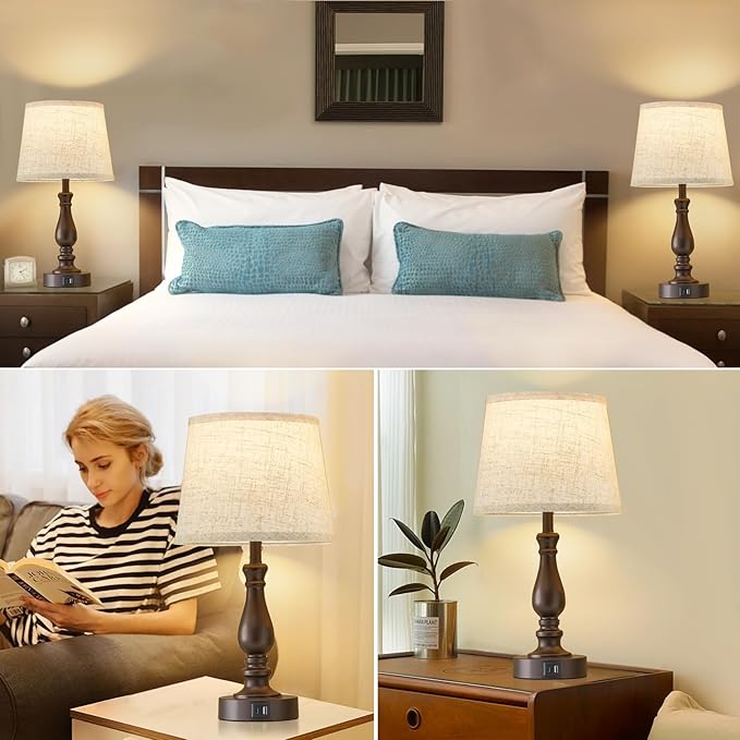 Table Lamps for Bedrooms Set of 2 - Touch Bedside Lamps with USB C+A Ports - 3 Way Dimmable Nightstand Lamps for End Tables Farmhouse Night Stand Lamps for Living Room Bed Side Guest Room