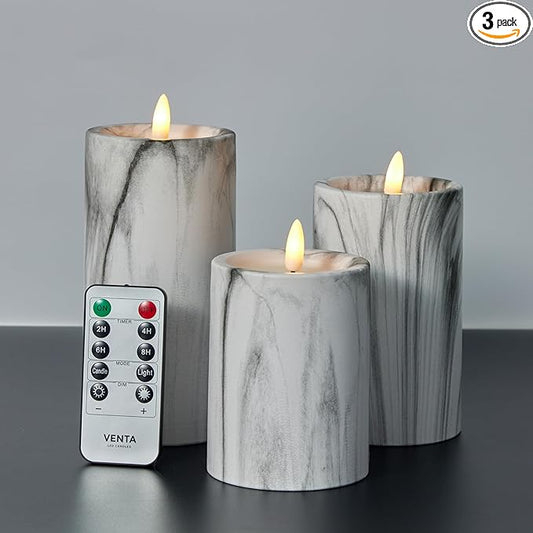 VENTA Marble Flameless Pillar Candles, Set of 3 (4" 5" 6") | Realistic Flickering LED Candles with Remote & Timer | Elegant Decor for Modern, Farmhouse & Chic Interiors