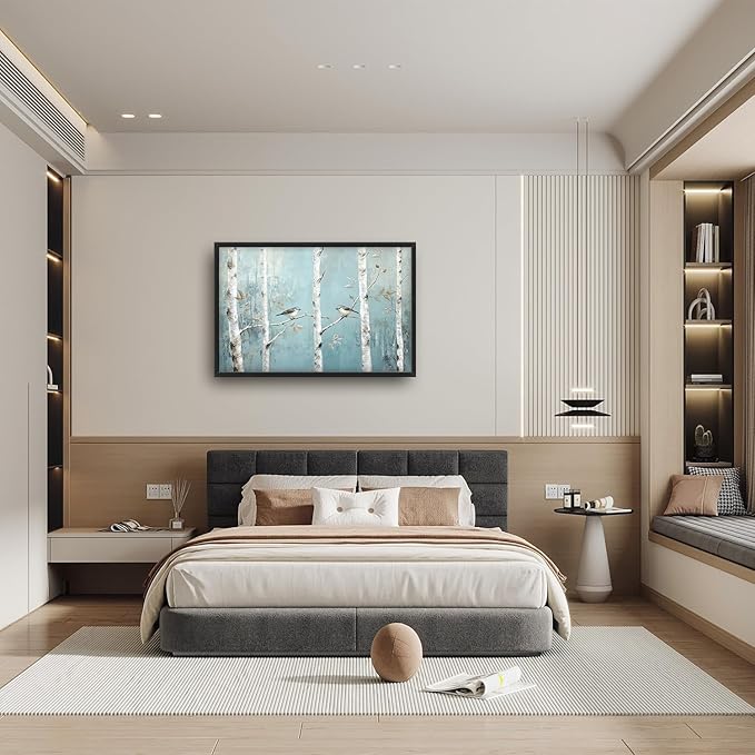 Flintis Large Birch Tree Bird Framed Wall Art Forest Birds Pictures Wall Decor Abstract Natural Landscape Canvas Painting Print Artworks Framed for Living Room Bathroom Master Bedroom 36L X 24W