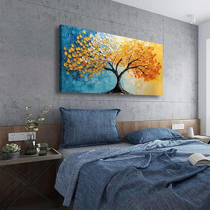 Blue and Yellow Canvas Wall Art Bedroom Wall Decor Living Room,Abstract Tree Leaves Wall Art Office Kitchen Paintings Artwork Modern Golden LeafPictures Art Prints Waterproof Ready to Hang-20x40inch
