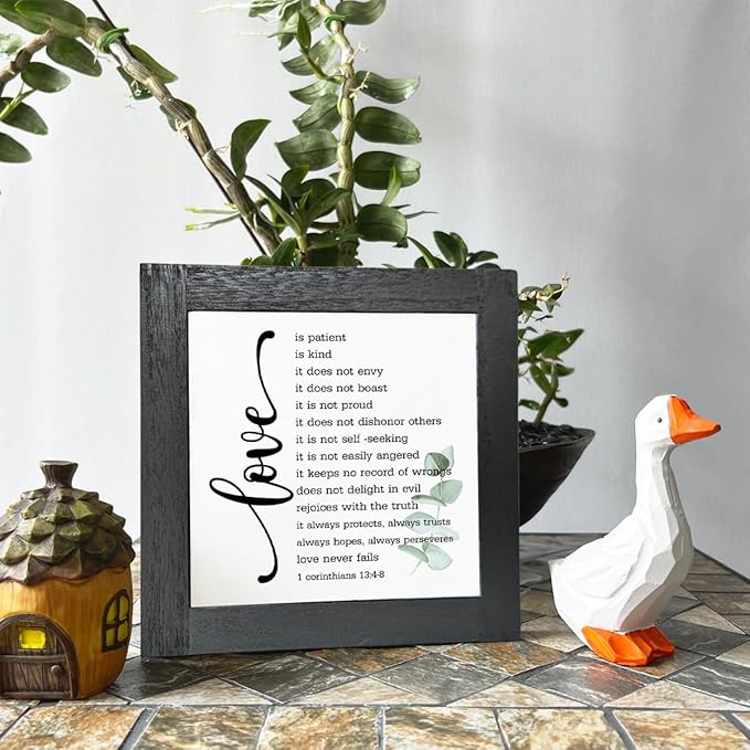 Bible Verse Corinthians 13:4-8 Box Sign, Love Never Fails, Wooden Plaque Gift Tabletop, Rustic Love Sign, Wood Block Plaque for Anniversary, Religious Home Decor, Couple Wedding Gift D1