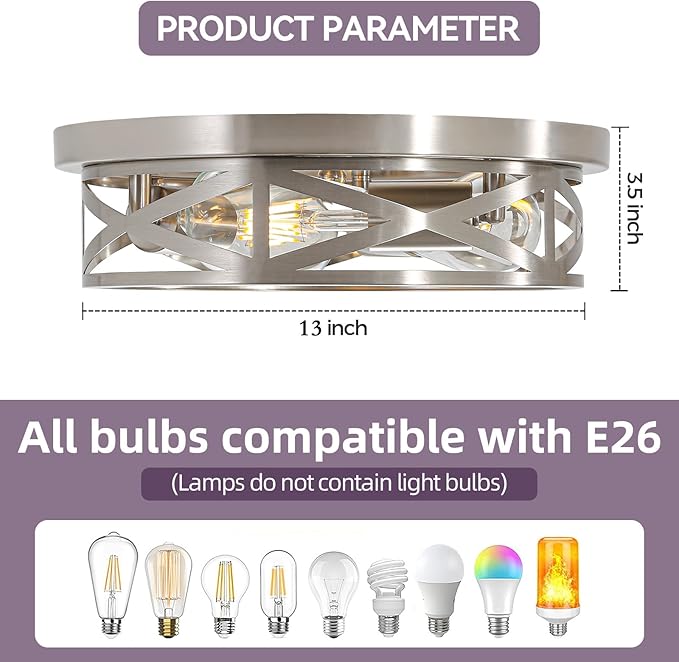 13 inch Brushed Nickel Flush Mount Ceiling Light Fixtures,3-Light Industrial Farmhouse Ceiling Light Fixture,Brushed Nickel Light Fixture Ceiling Mount for Kitchen Bedroom Living Room Hallway 1 Pack