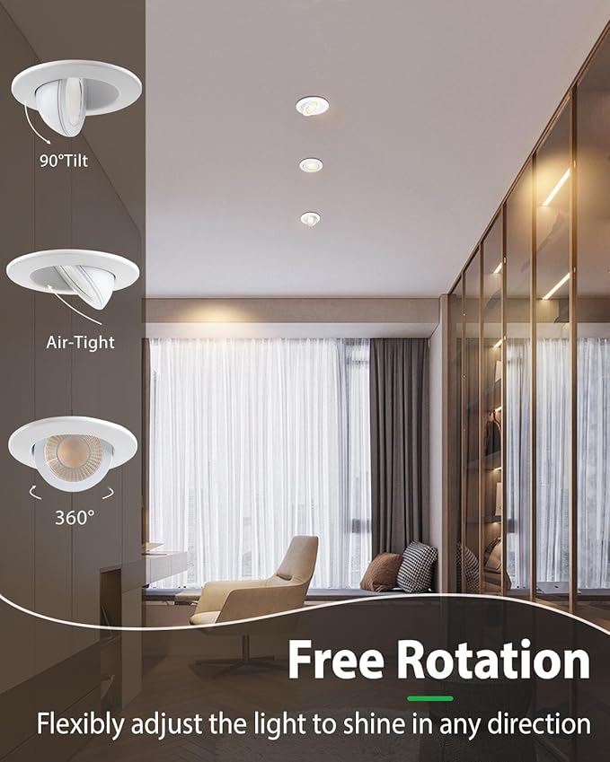 zouzai 5CCT LED Gimbal Led Recessed Light with Junction Box, 360°+90° Adjustable Directional Eyeball Lighting, Dimmable, 2700K/3000K/3500K/4000K/5000K,ETL&Energy Star (White 12 Pack, 3 inch)