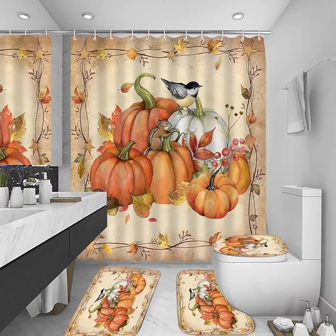 FZDHHY 4Pcs Pumpkin Shower Curtain Set Fall Bathroom Set Thanksgiving Bathroom Decor Set Autumn Shower Curtain Set with Rugs with 12 Hooks 72x72 inch