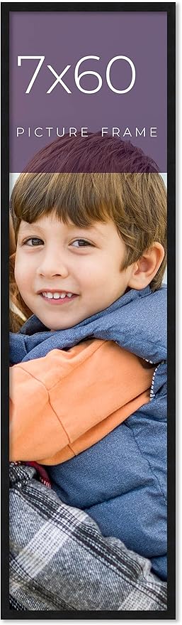 7x60 Frame Black Real Wood Picture Frame Width 0.75 Inches | Interior Frame Depth 0.5 Inches | Noir Classique Mid Century Photo Frame Complete with UV Acrylic, Foam Board Backing & Hanging Hardware