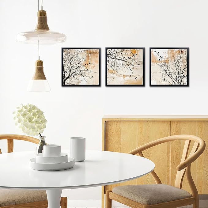 LoveHouse Bird on Tree Branch Canvas Wall Art, Black Framed Canvas Prints, Bird Pictures Wall Decor Modern Nature Decor for Home Office Hallway 12x12 Inchx3 Pcs
