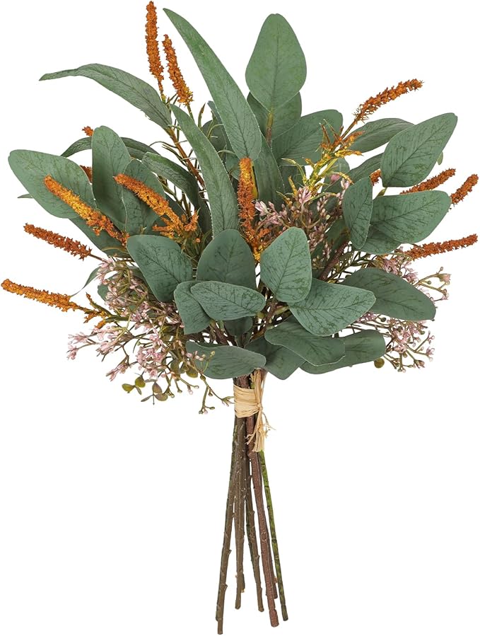 Fall Artificial Eucalyptus Bouquet with Orange Sage Leaves – Autumn Faux Greenery Bush with Raffia Wrap for Farmhouse, Kitchen, Table, and Seasonal Home Décor