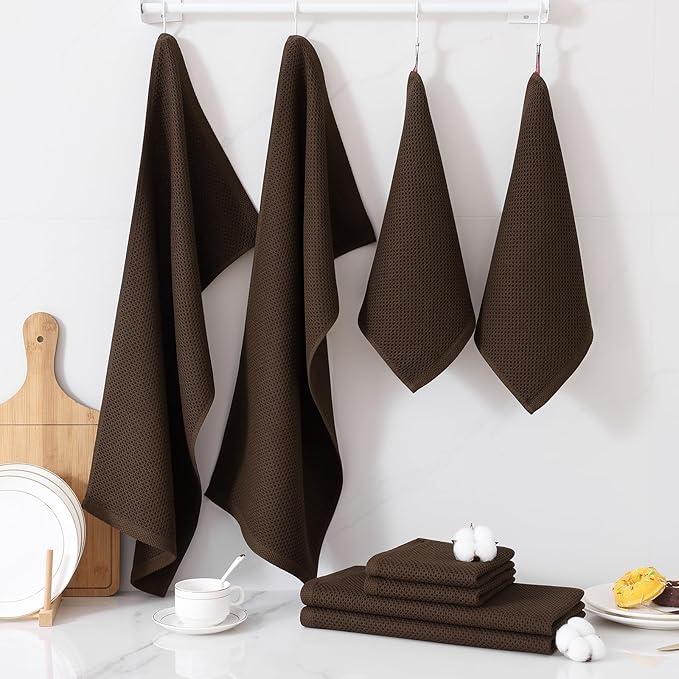 Homaxy 100% Cotton Kitchen Towels and Dishcloths Set, 12 x 12 Inches and 13 x 28 Inches, Set of 12 Bulk Kitchen Towels Set, Ultra Soft Absorbent Dish Cloths for Washing Dishes, Dark Brown