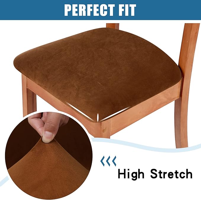 Smiry Velvet Seat Covers for Dining Room Chair Set of 6, Stretch Fit Removable Washable Chair Seat Cushion Protector Slipcovers with Ties, Camel