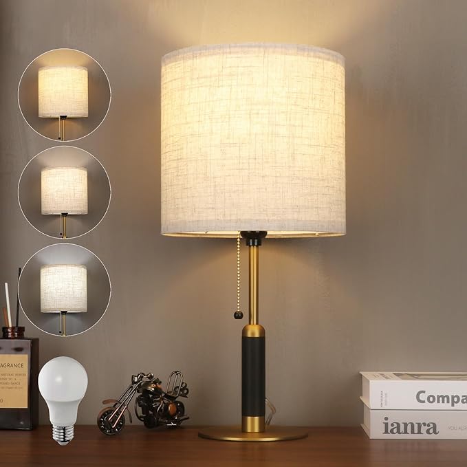 18.9" Bedside Table Lamp for Nightstand 3-Color Temperatures Living Room Lamp for Bedroom Wood Fabric Pull Chain Switch Small Desk Lamps Home Office End Table Room Decor (Light Brown+Brass)