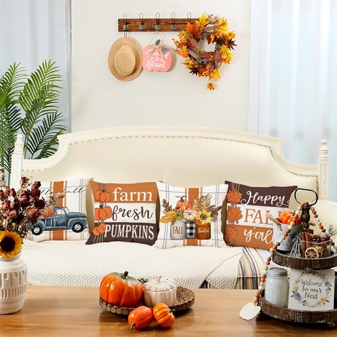GEEORY Fall Pillow Covers 20 x 20 Inch Set of 4, Happy Fall Y'all Stripes Pumpkins Mason Jar Thankful Decor, Cushion Cases for Farmhouse Home Party Sofa Couch (Brown) G355-20