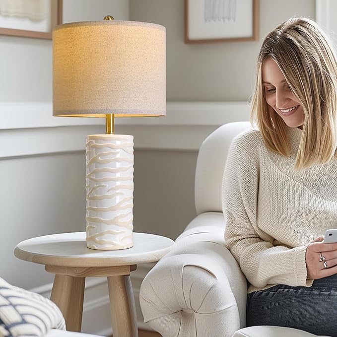 PoKat 26.75" Ceramic Table Lamp, Modern White Lamp for Living Room, Bedroom, Night Stands, Farmhouse Bedside Nightstand End Table Lamp