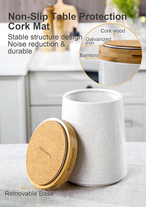 Nucookery 360° Rotating Utensils Holder, 8.2" Extra High Large Ceramic Kitchen Utensil Holder with Countertop-Protection Cork Bottom, Farmhouse Kitchen Decor for Counter (Sand)